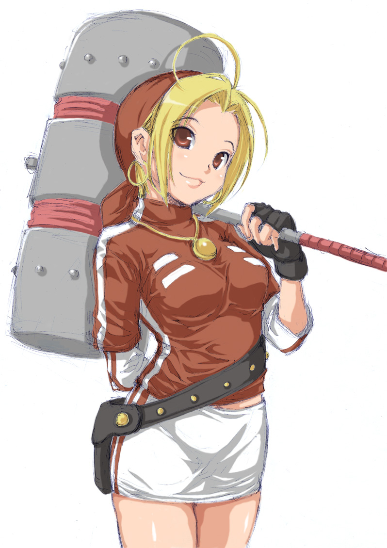 bandana, blonde_hair, breasts, brown_eyes, earrings, fingerless_gloves, gloves, hammer