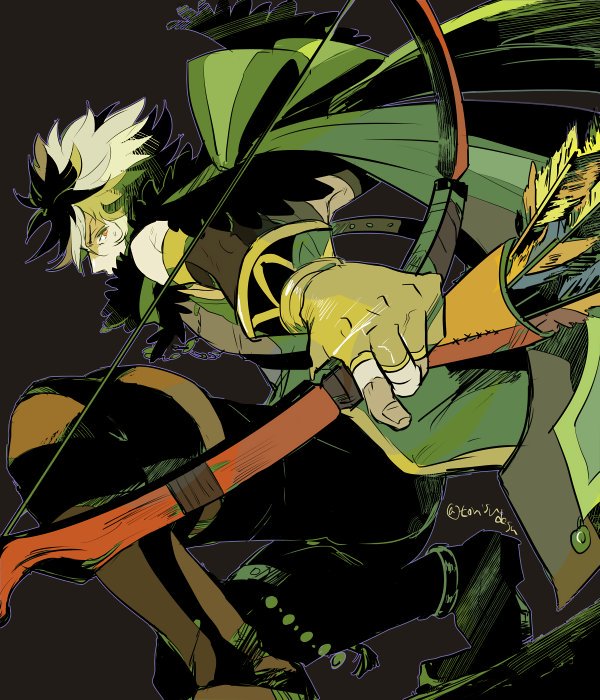 1boy, arrow, artist_name, asura_(fire_emblem_if), black_hair, boots, bow_(weapon), brown_background, brown_eyes, cape, fingerless_gloves, fire_emblem, fire_emblem_if, gloves, male_focus, multicolored_hair, quiver, simple_background, solo, torisudesu, two-tone_hair, weapon, white_hair