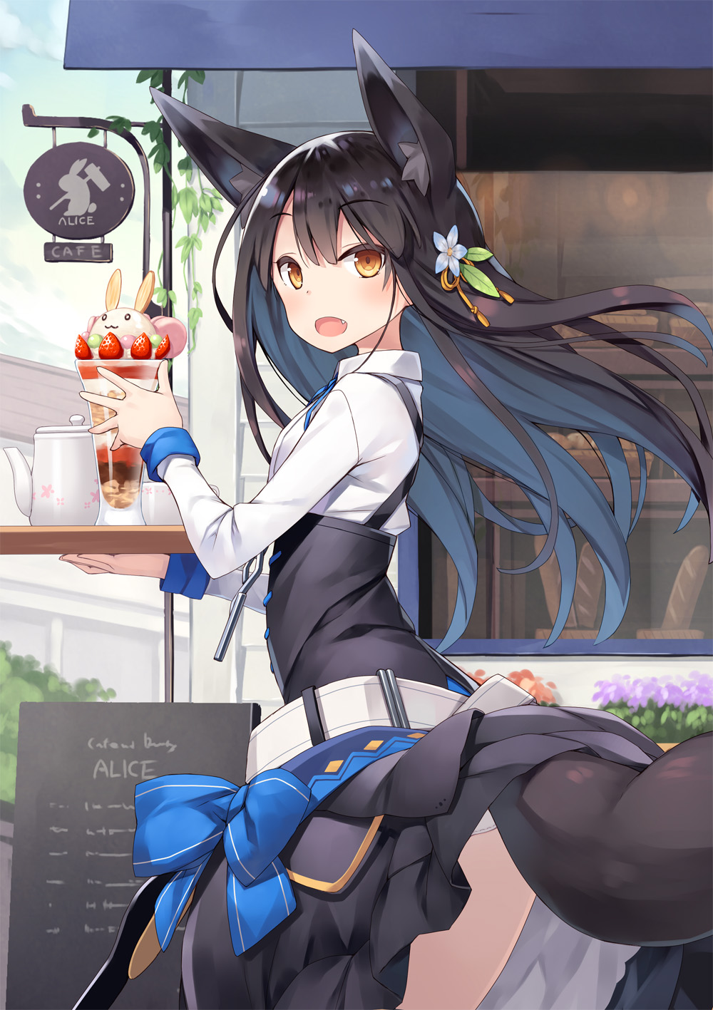 1girl, :d, animal_ears, bangs, black_hair, bow, bread, cafe