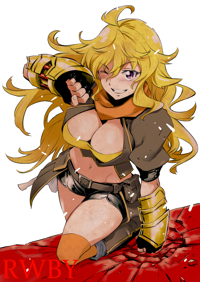 1girl, ahoge, belt, black_gloves, black_shorts, blonde_hair, blush, breasts