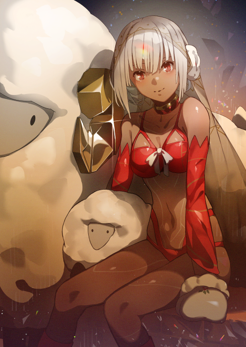 1girl, altera_(fate), altera_the_santa, bangs, bare_shoulders, blush, breasts, closed_mouth