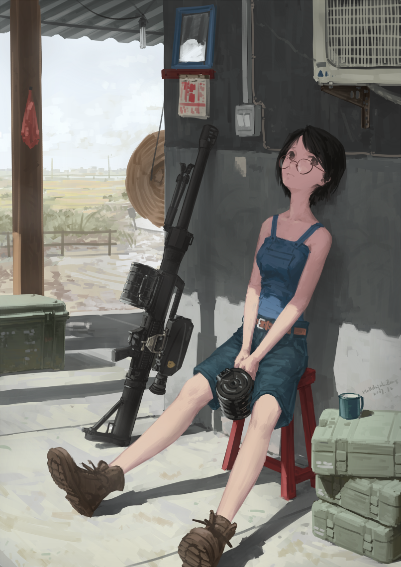 1girl, ankle_boots, bare_arms, bare_shoulders, belt, black_hair, boots, brown_eyes