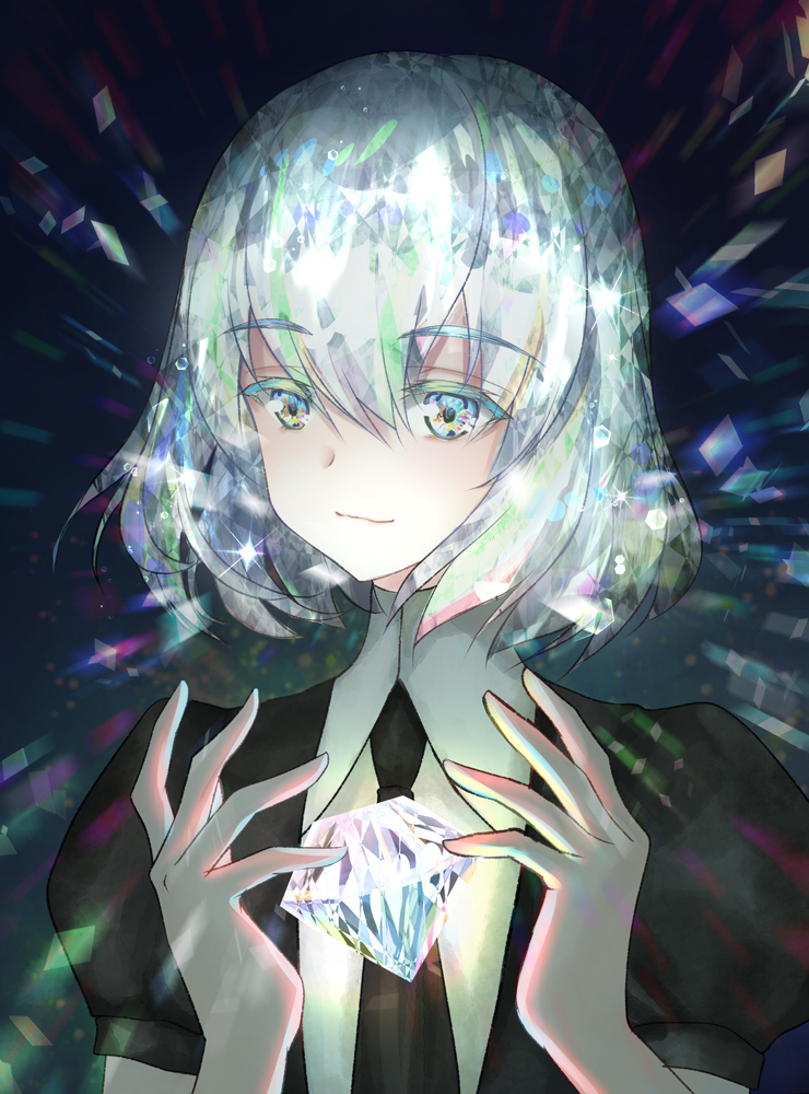 androgynous, bangs, black_neckwear, black_shirt, blue_eyes, blue_hair, clara_v, closed_mouth, collared_shirt, commentary_request, diamond, diamond_(houseki_no_kuni), eyebrows_visible_through_hair, gem, glint, hair_between_eyes, hands_up, holding, houseki_no_kuni, multicolored, multicolored_eyes, multicolored_hair, necktie, puffy_short_sleeves, puffy_sleeves, shirt, short_hair, short_sleeves, smile, solo, upper_body, white_shirt, wing_collar