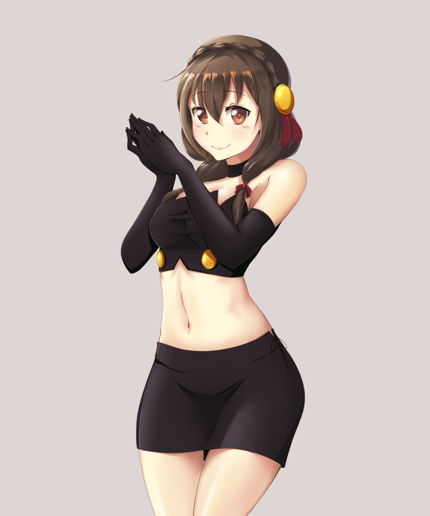 1girl, absurdres, bare_shoulders, black_gloves, black_neckwear, black_skirt, blush, breasts, brown_eyes, brown_hair, choker, cowboy_shot, crop_top, double-breasted, elbow_gloves, gloves, hair_ornament, hands_up, highres, kono_subarashii_sekai_ni_shukufuku_wo!, looking_at_viewer, medium_breasts, medium_hair, navel, own_hands_together, sidelocks, simple_background, skirt, sleeveless, smile, solo, strapless, yunyun_(konosuba), yunyunmaru