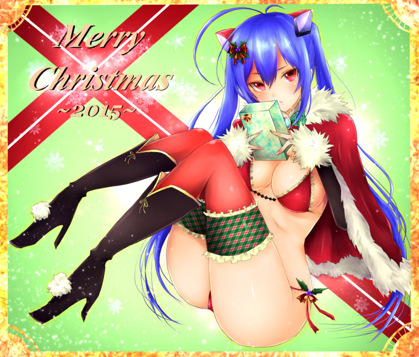 1girl, 2015, bikini, blue_hair, boots, breasts, christmas, frofrofrost