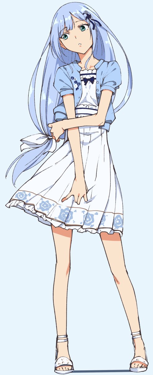 1girl, bangs, blue_background, blue_hair, blue_jacket, commentary_request, contrapposto, copyright_request
