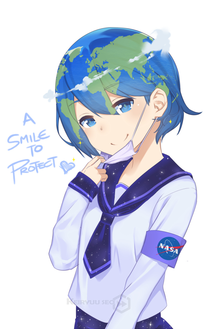 1girl, armband, artist_name, blue_eyes, blue_hair, clouds, earth, earth-chan_(felipecunhaeloi)