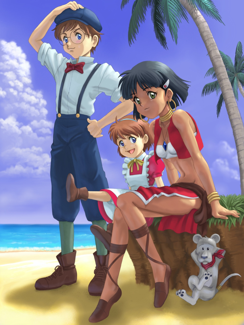 0-sum, armlet, blue_eyes, bracelet, breasts, brown_hair, commentary_request, dark_skin, earrings, fushigi_no_umi_no_nadia, graphite_(medium), hat, highres, hoop_earrings, jean_coq_de_raltigue, jewelry, king_(nadia), long_hair, marie_en_carlsberg, multiple_girls, nadia, necklace, purple_hair, short_hair, traditional_media