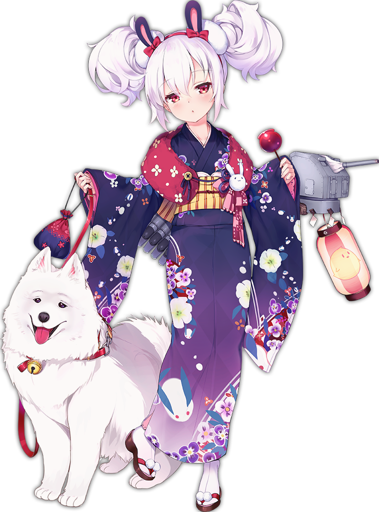 1girl, animal, animal_ears, azur_lane, bangs, bell, bird, bow, chick, collar, dog, double_bun, eyebrows, eyebrows_visible_through_hair, fake_animal_ears, full_body, hair_between_eyes, hairband, holding_leash, japanese_clothes, jingle_bell, kaede_(003591163), kimono, laffey_(azur_lane), leash, long_sleeves, machinery, official_art, pom_pom_(clothes), purple_hair, purple_kimono, rabbit_ears, red_bow, red_eyes, red_hairband, samoyed_(dog), short_hair, simple_background, sleeves_past_wrists, solo, tabi, tachi-e, transparent_background, turret, wide_sleeves