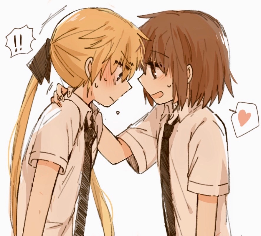 2girls, blonde_hair, blush, brown_hair, hair_ribbon, kill_me_baby, long_hair, multiple_girls