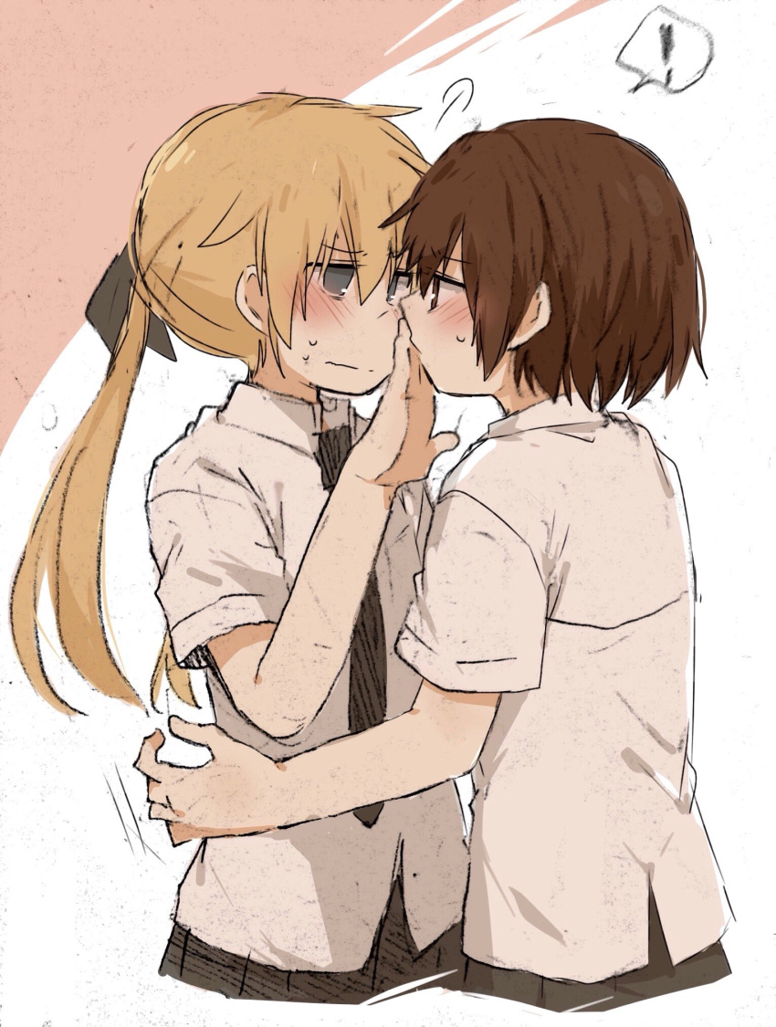 2girls, blocking, blocking_kiss, blonde_hair, blush, brown_hair, eye_contact, hair_ribbon