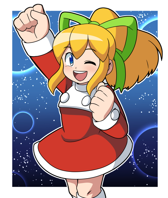 1girl, ;d, adapted_costume, arm_up, bangs, blonde_hair, blue_background, blue_eyes