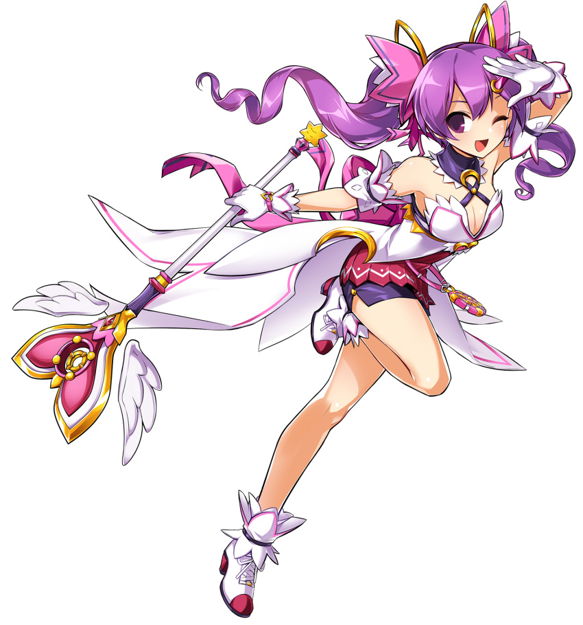 1girl, ;d, aisha_(elsword), bare_legs, dimension_witch_(elsword), elsword, full_body, gloves, highres, holding, holding_staff, long_hair, looking_at_viewer, official_art, one_eye_closed, open_mouth, purple_hair, purple_skirt, ress, running, shoes, skirt, smile, solo, staff, standing, standing_on_one_leg, twintails, violet_eyes, white_footwear, white_gloves