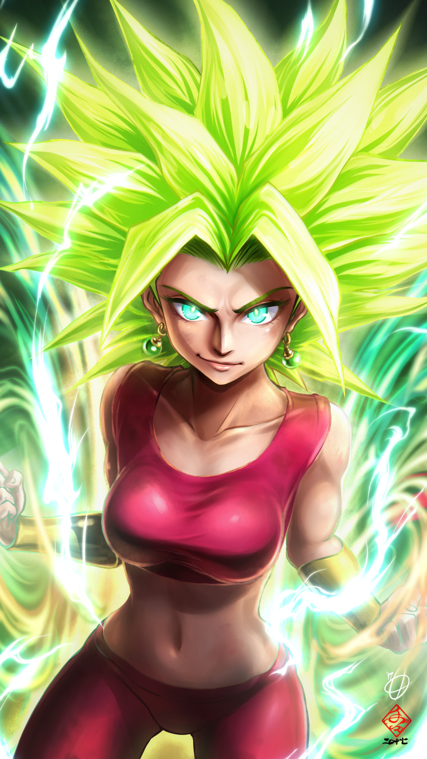 1girl, absurdres, aura, bracer, dragon_ball, dragon_ball_super, earrings, glowing