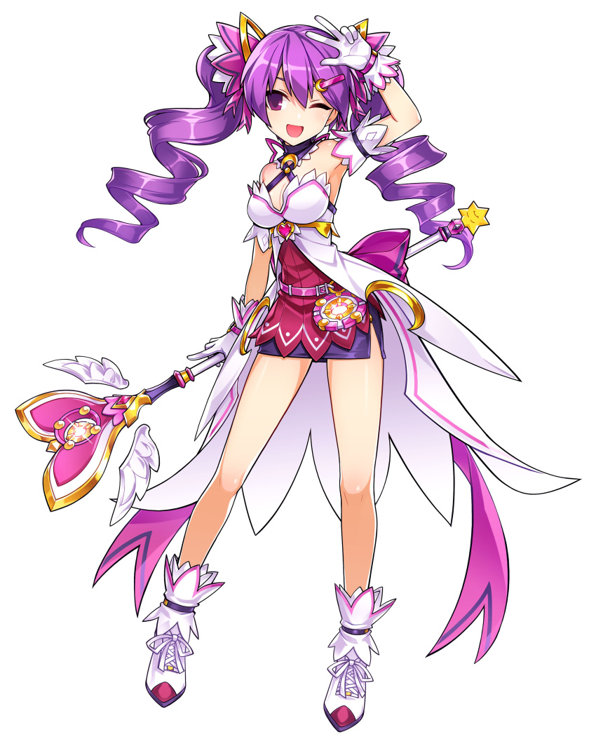 1girl, ;d, absurdres, aisha_(elsword), bare_legs, bow, crescent, crescent_hair_ornament