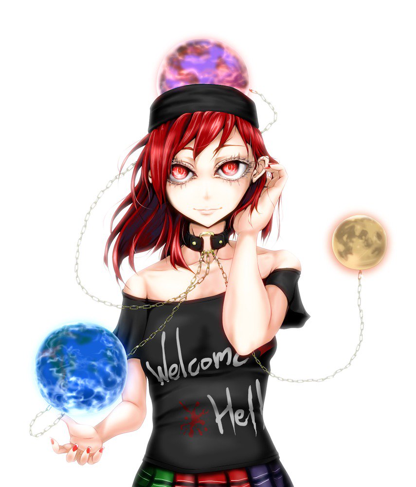 1girl, bangs, bare_shoulders, black_shirt, chains, closed_mouth, clothes_writing, collar