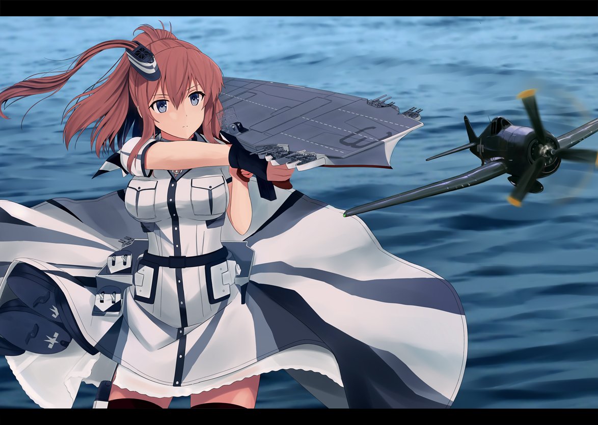 1girl, belt, black_gloves, blouse, blue_eyes, breast_pocket, breasts, brown_hair, dress, f6f_hellcat, fingerless_gloves, flight_deck, fuyube_gin_(huyube), gloves, half_gloves, kantai_collection, large_breasts, long_hair, ocean, pocket, red_legwear, remodel_(kantai_collection), saratoga_(kantai_collection), short_sleeves, side_ponytail, single_glove, smokestack_hair_ornament, solo, standing, standing_on_liquid, thigh-highs, turret, two-tone_dress, white_blouse, white_dress