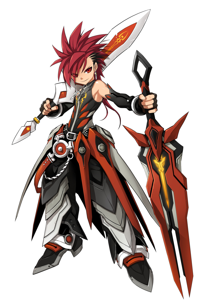 1boy, absurdres, armor, artist_request, black_gloves, black_hair, closed_mouth, dual_wielding, earrings, elbow_gloves, elsword, elsword_(character), fingerless_gloves, full_body, gloves, highres, holding, holding_sword, holding_weapon, infinity_sword_(elsword), jewelry, long_hair, looking_at_viewer, male_focus, multicolored_hair, necklace, official_art, over_shoulder, pants, red_eyes, redhead, reverse_grip, shirt, shoes, sleeveless, sleeveless_shirt, smile, solo, spiky_hair, standing, sword, two-tone_hair, weapon