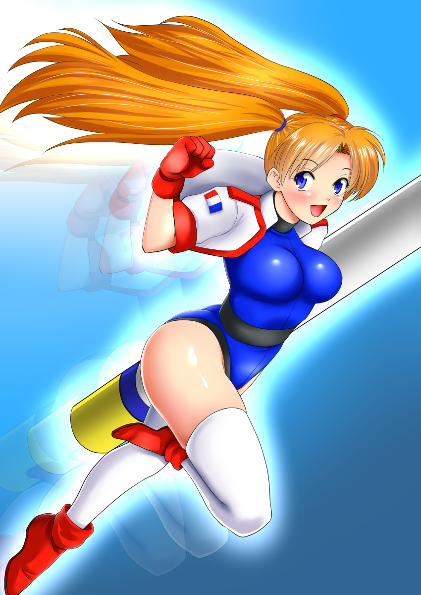 1girl, absurdres, arm_up, ass, blue_eyes, blue_leotard, blush, boots, breasts, brown_hair, clenched_hand, cropped_jacket, gloves, highres, jacket, jumping, leg_up, leotard, long_hair, nanao_futaba, numan_athletics, open_mouth, red_gloves, sharon_les_halles, smile, solo, thigh-highs, white_jacket, white_legwear