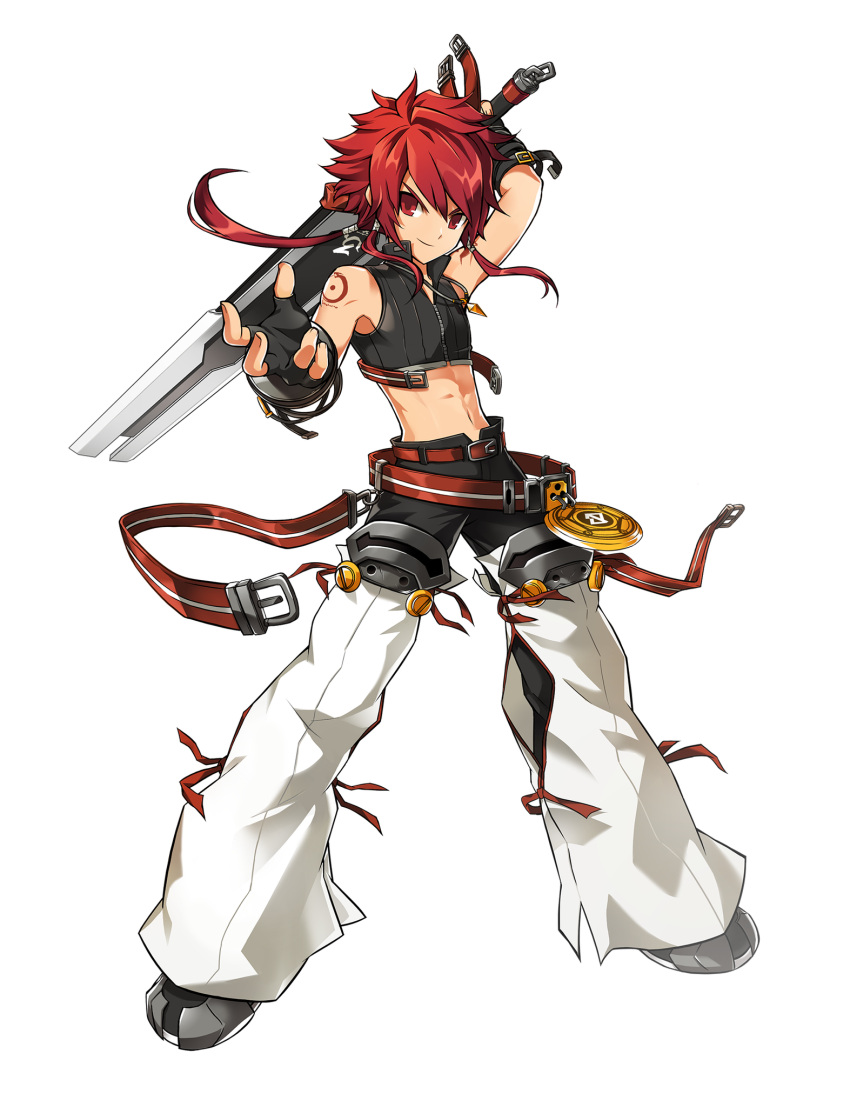 1boy, belt, black_gloves, black_pants, buckle, chaps, closed_mouth, elsword, elsword_(character), fingerless_gloves, full_body, gloves, highres, holding, holding_sword, holding_weapon, long_hair, looking_at_viewer, male_focus, messy_hair, midriff, navel, official_art, pants, ponytail, red_eyes, redhead, ress, rune_slayer_(elsword), smile, solo, standing, sword, tattoo, weapon