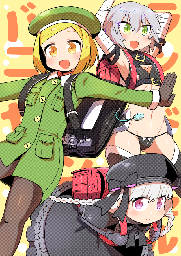 3girls, :d, backpack, bag, bandage, bandaged_arm, bangs, beret, black_bow, black_dress, black_gloves, black_hat, black_legwear, black_panties, black_shirt, blonde_hair, blush, bow, braid, brown_gloves, closed_mouth, collared_jacket, commentary_request, crime_prevention_buzzer, dress, elbow_gloves, etori, eyebrows_visible_through_hair, fate/grand_order, fate_(series), gloves, gothic_lolita, green_eyes, green_hat, green_jacket, grey_hair, hair_between_eyes, hat, hat_bow, jack_the_ripper_(fate/apocrypha), jacket, lolita_fashion, long_hair, long_sleeves, looking_at_viewer, low_twintails, multiple_girls, navel, nursery_rhyme_(fate/extra), open_mouth, orange_eyes, outstretched_arms, panties, pantyhose, paul_bunyan_(fate/grand_order), puffy_short_sleeves, puffy_sleeves, randoseru, scar, scar_across_eye, scar_on_cheek, shirt, short_sleeves, sleeveless, sleeveless_shirt, smile, spread_arms, thigh-highs, twin_braids, twintails, underwear, v-shaped_eyebrows, very_long_hair, violet_eyes, white_hair