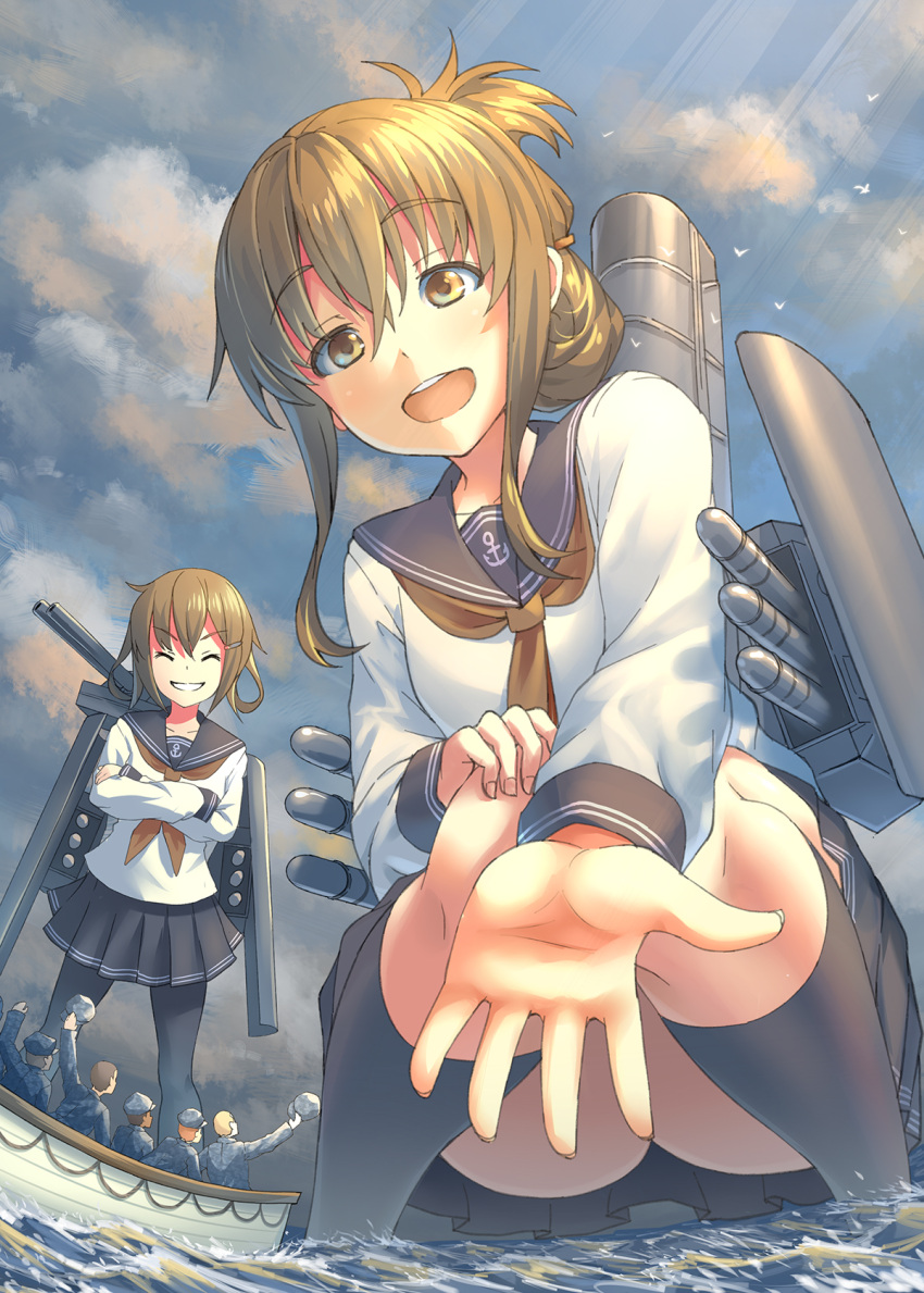 2girls, 5boys, bird, black_legwear, blue_skirt, brown_hair, closed_eyes, clouds