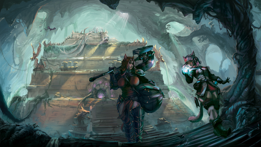 2girls, angel_statue, animal_ears, aqua_eyes, axe, bat, breasts, cat_ears