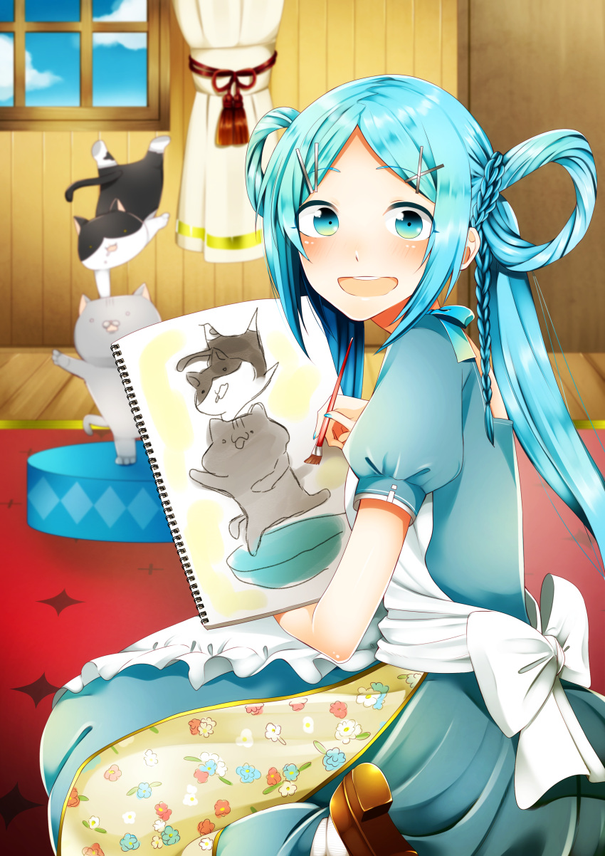 1girl, absurdres, apron, aqua_dress, aqua_eyes, aqua_hair, aqua_nails, art_brush