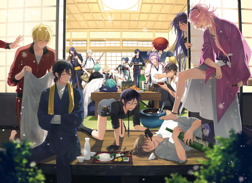 6+boys, ^_^, all_fours, aqua_hair, arm_tattoo, black_gloves, black_hair, blonde_hair