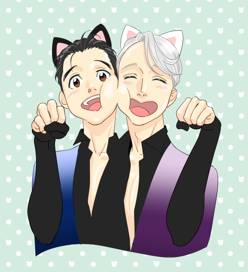 2boys, ^_^, animal_ears, black_hair, brown_eyes, cat_ears, cheek-to-cheek, closed_eyes, extra_ears, highres, katsuki_yuuri, male_focus, multiple_boys, natsuno_(natsunosho), open_mouth, paw_pose, silver_hair, smile, upper_body, viktor_nikiforov, yuri!!!_on_ice