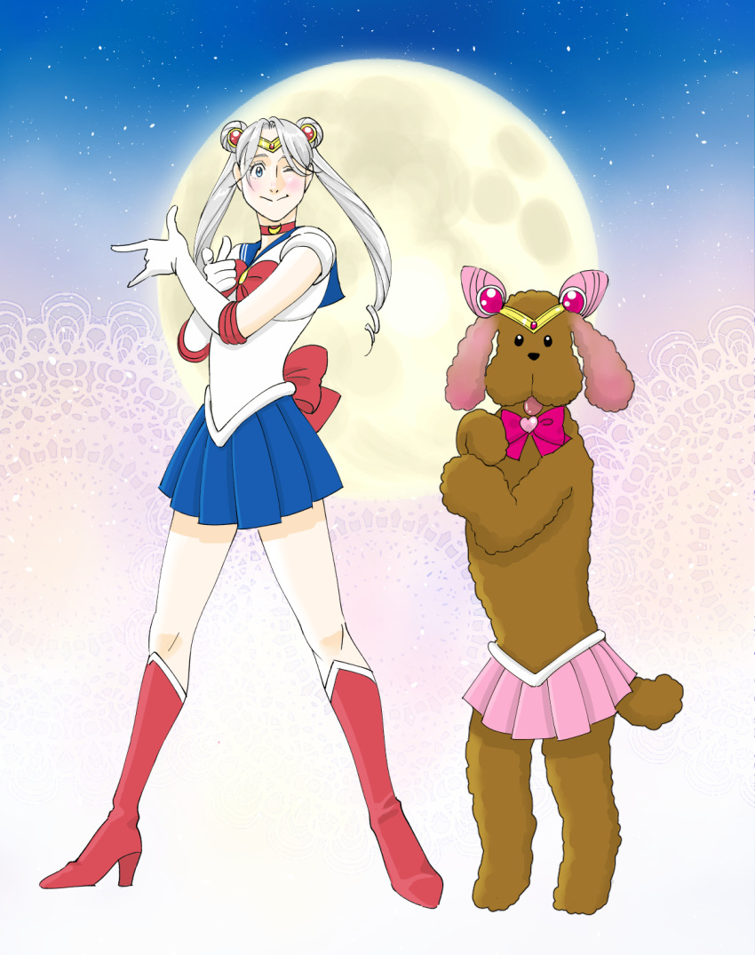 1boy, ;), bishoujo_senshi_sailor_moon, blue_eyes, boots, bow, cosplay, crossdressinging