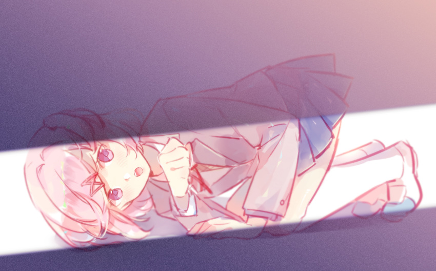 1girl, :o, arm_up, baronet, blue_skirt, blush, clenched_hand, collared_shirt