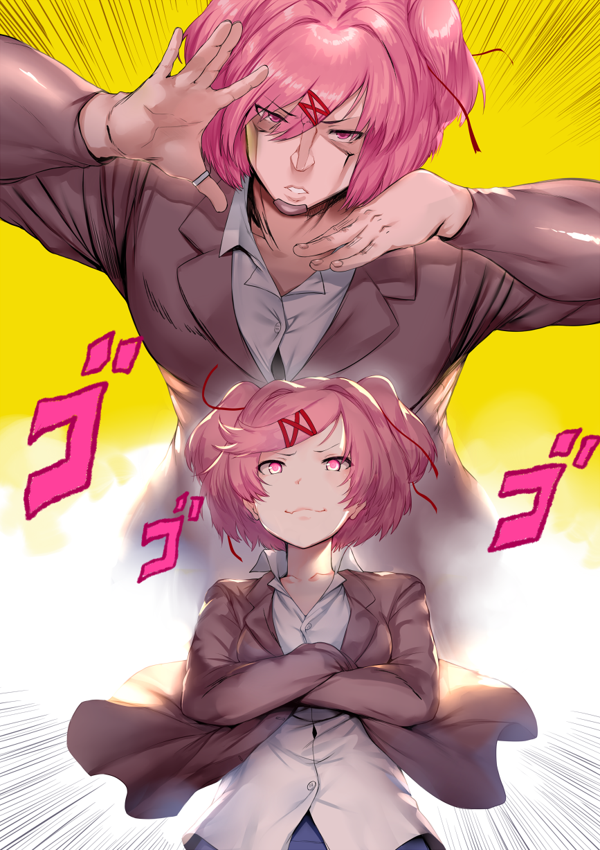 2girls, blue_skirt, brown_jacket, collarbone, collared_shirt, commentary, doki_doki_literature_club, eyebrows_visible_through_hair