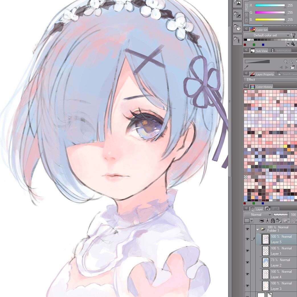 1girl, blue_eyes, blue_hair, color_guide, eyebrows_visible_through_hair, eyelashes, eyes_visible_through_hair, frilled_sleeves