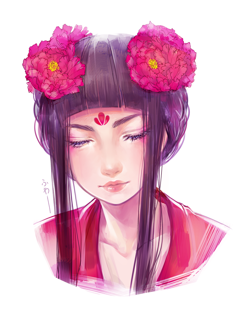 1girl, artist_name, bangs, blunt_bangs, chinese_clothes, closed_eyes, closed_mouth, eyelashes, facial_mark, facing_viewer, flower, forehead_mark, fuwaffy, hair_flower, hair_ornament, lips, long_hair, mu_dan, nose, original, peony_(flower), purple_hair, red_flower, simple_background, solo, tattoo, white_background
