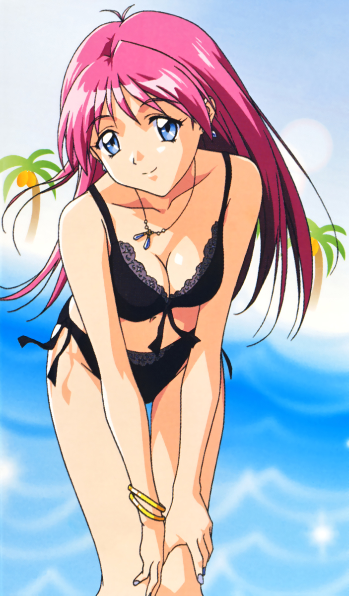 1girl, 90s, bikini, black_swimsuit, blue_eyes, bracelet, earrings, eyebrows_visible_through_hair, hands_on_own_knees, highres, jewelry, kokura_masashi, leaning_forward, long_hair, looking_at_viewer, nail_polish, necklace, official_art, outdoors, palm_tree, pink_hair, shirayuki_maho, smile, solo, swimsuit, tokimeki_memorial, tokimeki_memorial_2, tree