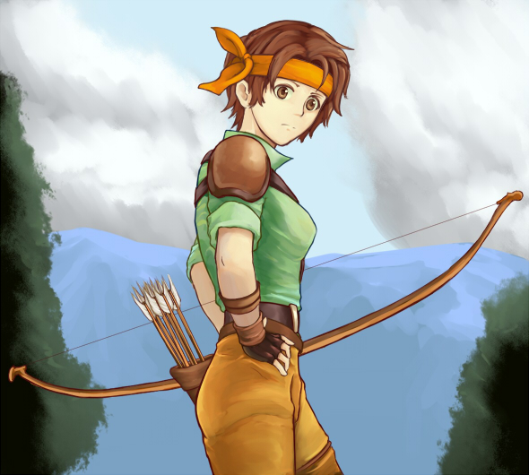 1girl, arrow, belt, bow_(weapon), brown_eyes, brown_hair, clouds, cloudy_sky