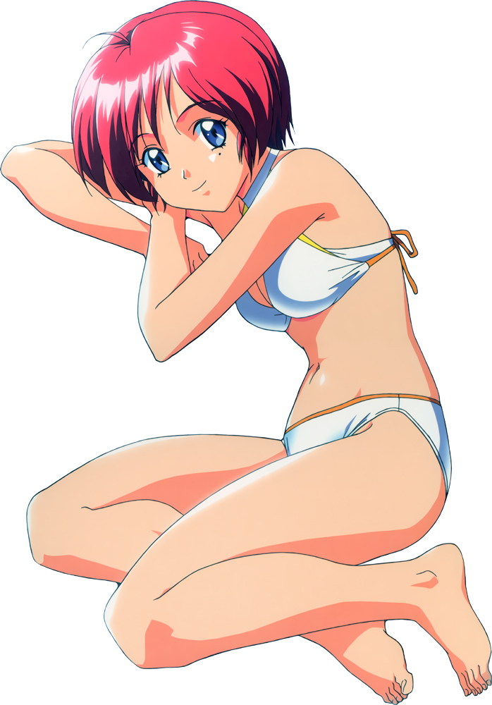 1girl, barefoot, bikini, blue_eyes, full_body, hinomoto_hikari, kokura_masashi, legs_folded