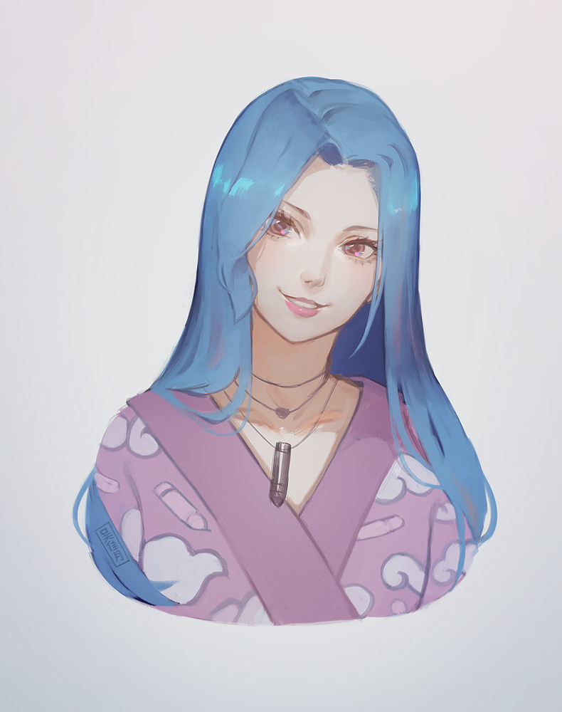 1girl, alternate_costume, alternate_hairstyle, bangs, bullet, bullet_necklace, bullet_print, cloud_print