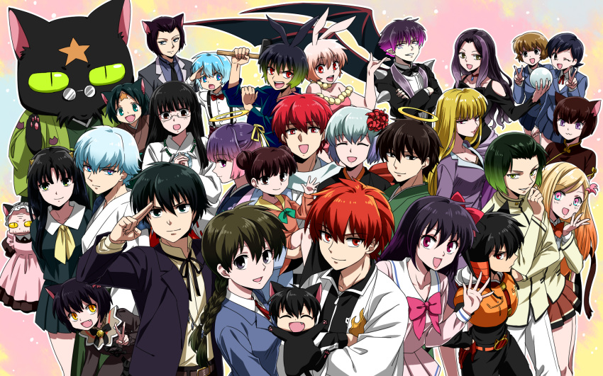 6+boys, 6+girls, :d, ageha_(kyoukai_no_rinne), anematsuri_annette_hitomi, animal_ears, annotation_request, bangs