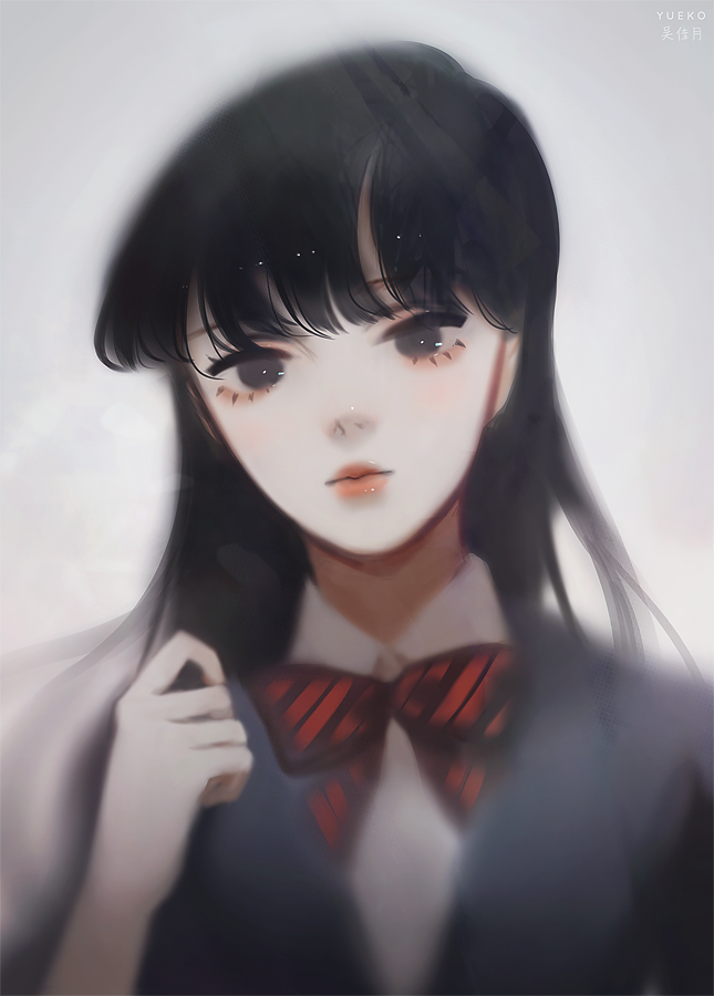 1girl, arm_up, bangs, black_eyes, black_hair, black_jacket, bow, bowtie