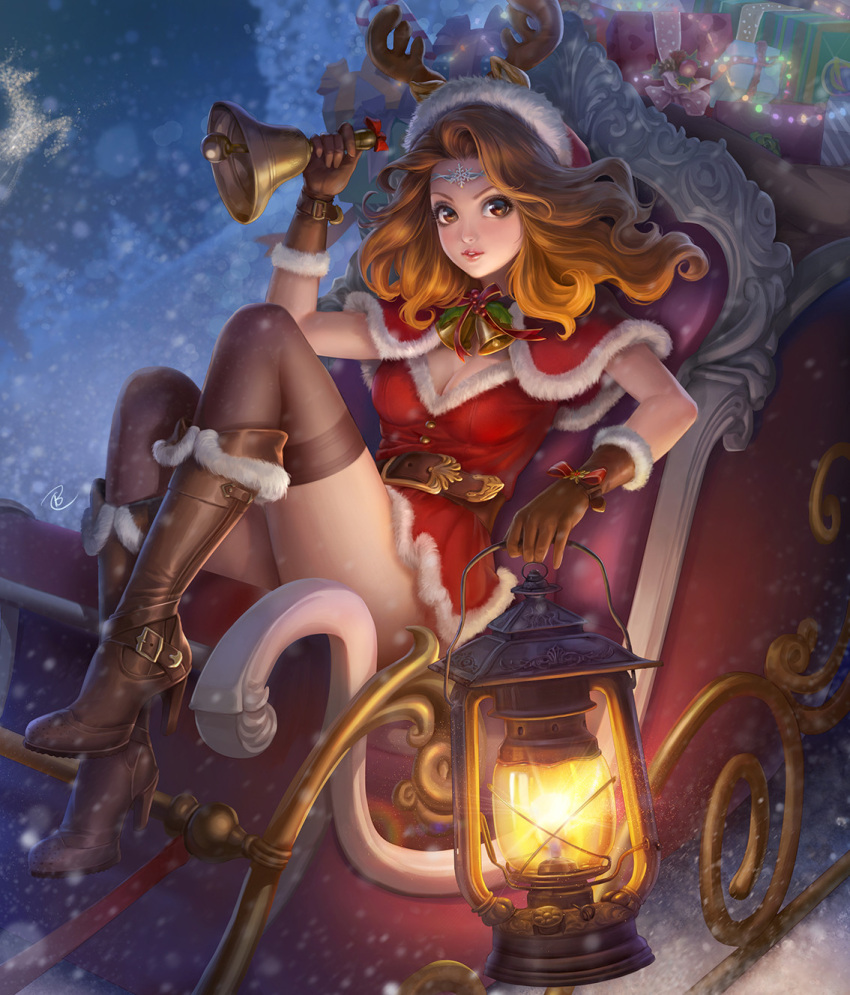 1girl, antlers, black_legwear, blurry, boots, bow, breasts, brown_eyes