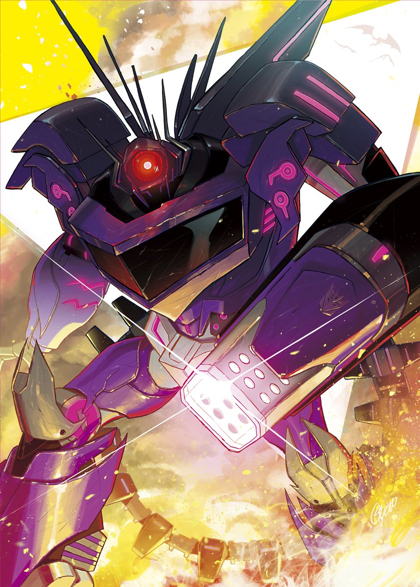 1boy, arm_cannon, burning, cannon, decepticon, energy_gun, fire, flame, full_body, glowing, glowing_eye, gyaro, highres, looking_at_viewer, no_humans, red_eyes, shockwave_(transformers), solo, standing, transformers, transformers_prime, weapon