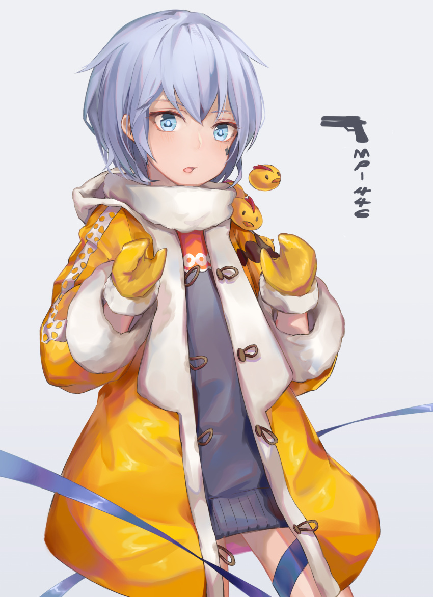 1girl, absurdres, alternate_costume, bandaid, bandaid_on_face, bangs, bird, black_cola, blue_eyes, blue_ribbon, blush, buttons, character_name, chicken, coat, eyebrows_visible_through_hair, eyes_visible_through_hair, fur-trimmed_coat, fur-trimmed_gloves, fur_scarf, fur_trim, girls_frontline, gloves, grey_background, grey_sweater, gun, hair_between_eyes, handgun, hands_up, highres, hoop, leg_ribbon, long_sleeves, looking_at_viewer, mp-446_viking, mp-446_viking_(girls_frontline), open_clothes, open_coat, open_mouth, pistol, ribbon, scarf, short_hair, sidelocks, simple_background, solo, standing, stuffed_animal, stuffed_toy, sweater, thighs, tsurime, weapon, winter_clothes, winter_gloves, yellow_coat