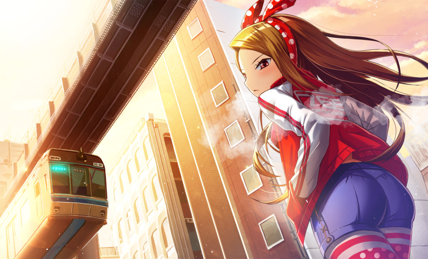 1girl, :<, ass, blue_shorts, blush, brown_hair, building, city