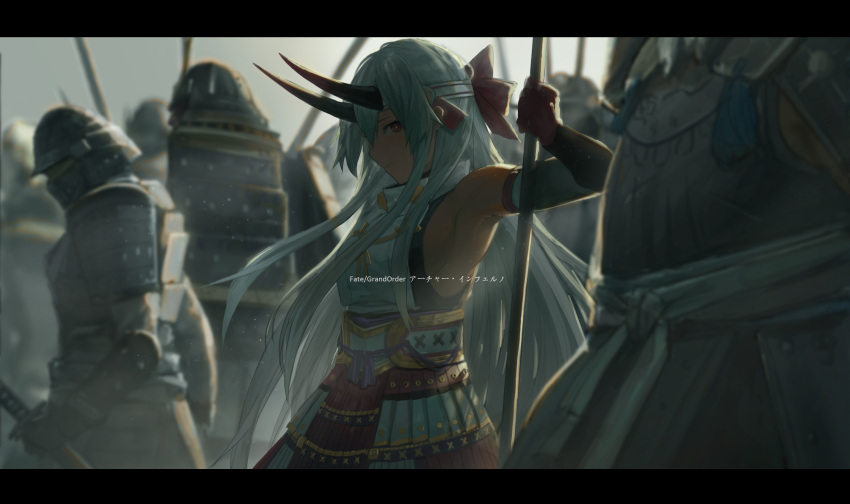 1girl, arm_at_side, armor, armpits, army, blue_hakama, bow, breasts