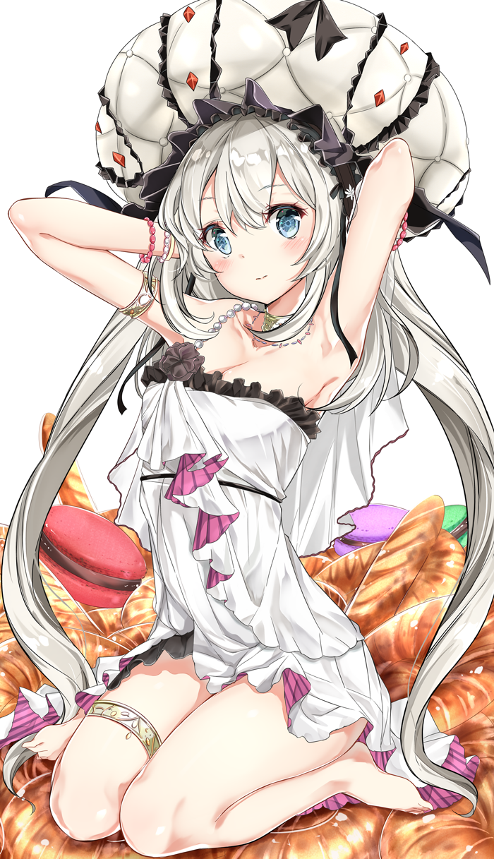 1girl, armpits, arms_behind_head, barefoot, blue_eyes, bracelet, cosplay, croissant
