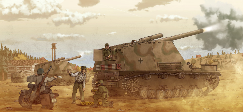 4boys, artillery, balkenkreuz, bolt_action, earasensha, firing, ground_vehicle, hat, helmet, hummel, mauser_98, military, military_hat, military_uniform, motor_vehicle, motorcycle, multiple_boys, original, rifle_on_back, self-propelled_gun, stahlhelm, uniform, weapon, wehrmacht, world_war_ii