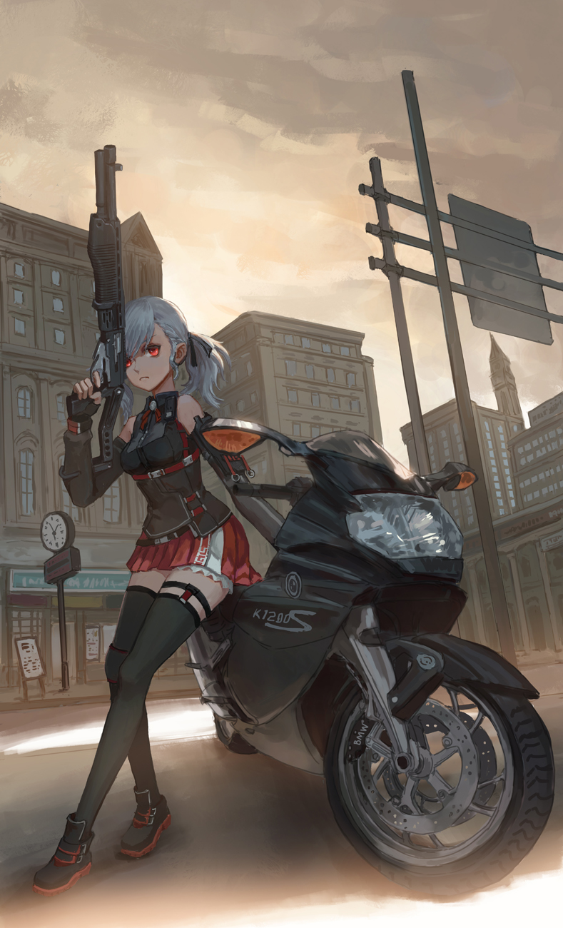 1girl, ammunition_belt, ankle_boots, arm_support, ascot, black_legwear, black_ribbon, black_shirt, black_vest, bmw_k211_s, boots, bow, bowtie, breasts, buckle, building, cityscape, clock, clock_tower, closed_mouth, clouds, cloudy_sky, collared_vest, detached_sleeves, dusk, expressionless, eyebrows_visible_through_hair, fingerless_gloves, franchi, full_body, girls_frontline, gloves, ground_vehicle, gun, hair_ribbon, highres, holding, holding_gun, holding_weapon, lamppost, large_breasts, leaning_against_motorbike, looking_at_viewer, menu_board, motor_vehicle, motorcycle, pleated_skirt, red_eyes, red_skirt, restaurant, ribbon, road, shirt, shop, shotgun, shotgun_shells, sidelocks, sign, silver_hair, skirt, sky, solo, spas-12, spas-12_(girls_frontline), strap, street, tactical_clothes, thigh-highs, thigh_strap, tower, twintails, vest, weapon, xukong, zettai_ryouiki