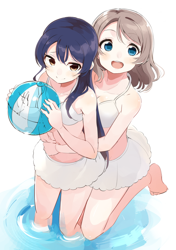 2girls, ball, bangs, beachball, bikini, blue_eyes, blue_hair, grey_hair, hair_between_eyes, holding, hug, hug_from_behind, long_hair, looking_at_viewer, love_live!, love_live!_school_idol_project, love_live!_sunshine!!, marine_day, multiple_girls, open_mouth, short_hair, simple_background, smile, sonoda_umi, swimsuit, totoki86, watanabe_you, white_background, white_bikini